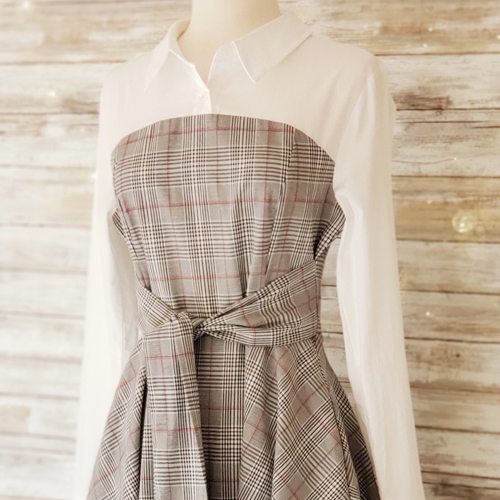 English Factory White Long Sleeve Dress with Plaid Bodice and Tie